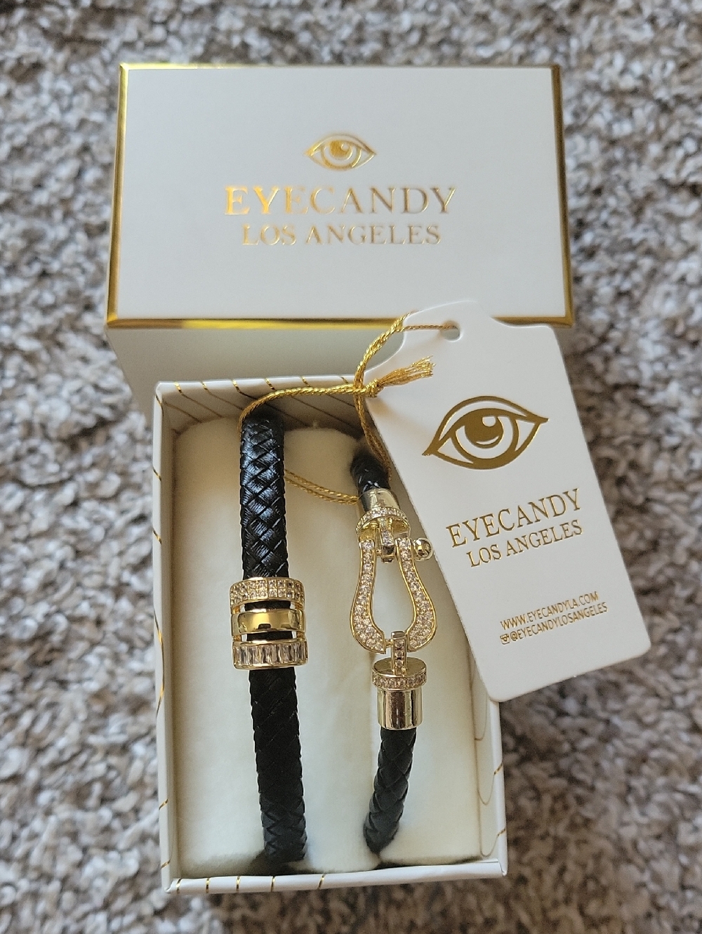 eye candy Black Braided Leather Bracelet with Gold Accents
